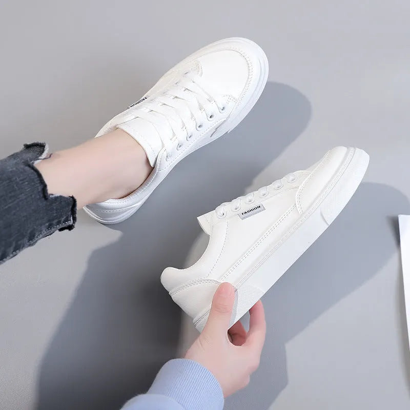 Women's Korean style solid colour low-top sneakers in white and brown with artificial PU leather upper