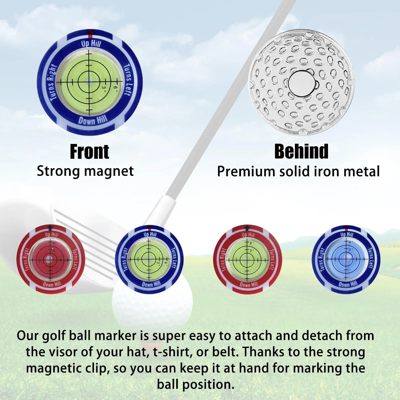 Golf level tool with clip for hat attachment showing position mark indicator