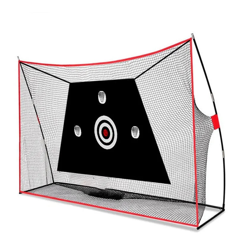 Golf training net with three target holes, practice balls, tee and assembly accessories on straw mat