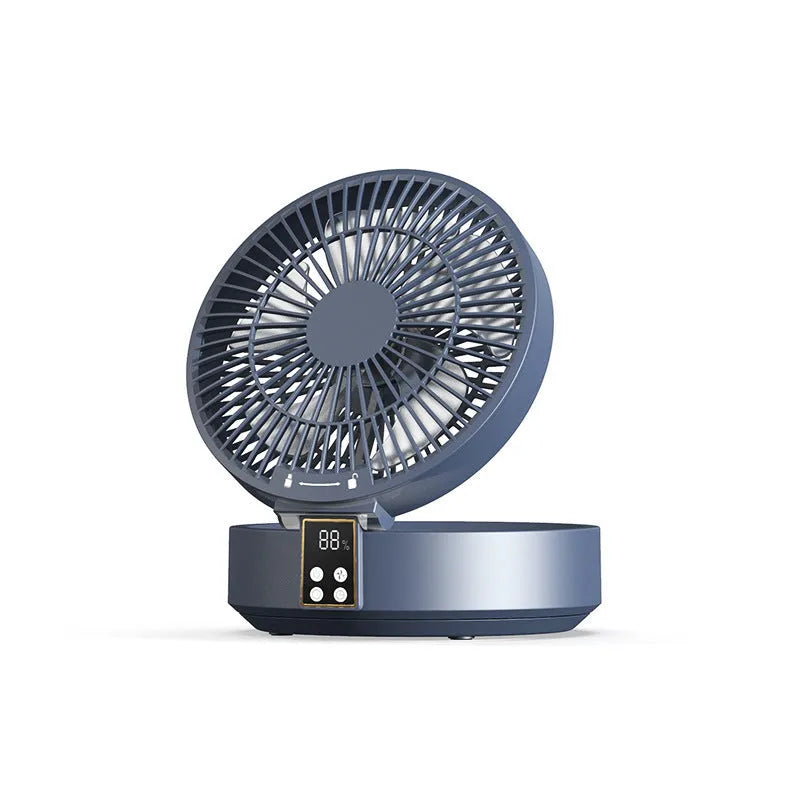 White portable folding fan with remote control shown in desktop and wall-mounted positions