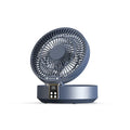 White portable folding fan with remote control shown in desktop and wall-mounted positions