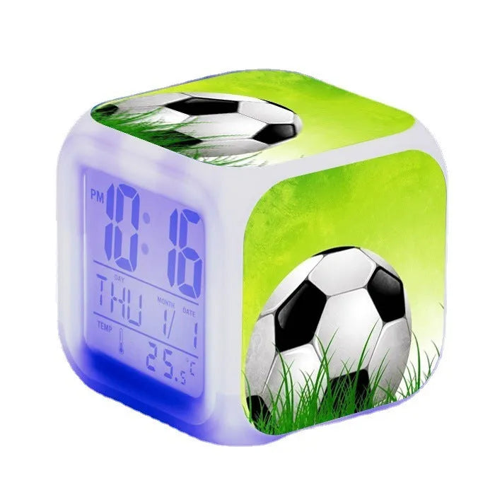 Square football pattern alarm clock with mute alarm function in blue, green, or yellow