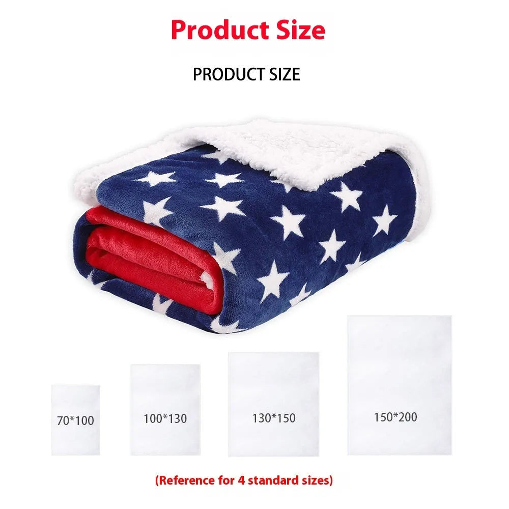 Striped polyester lambswool blanket in American style, shown in vacuum packaging.
