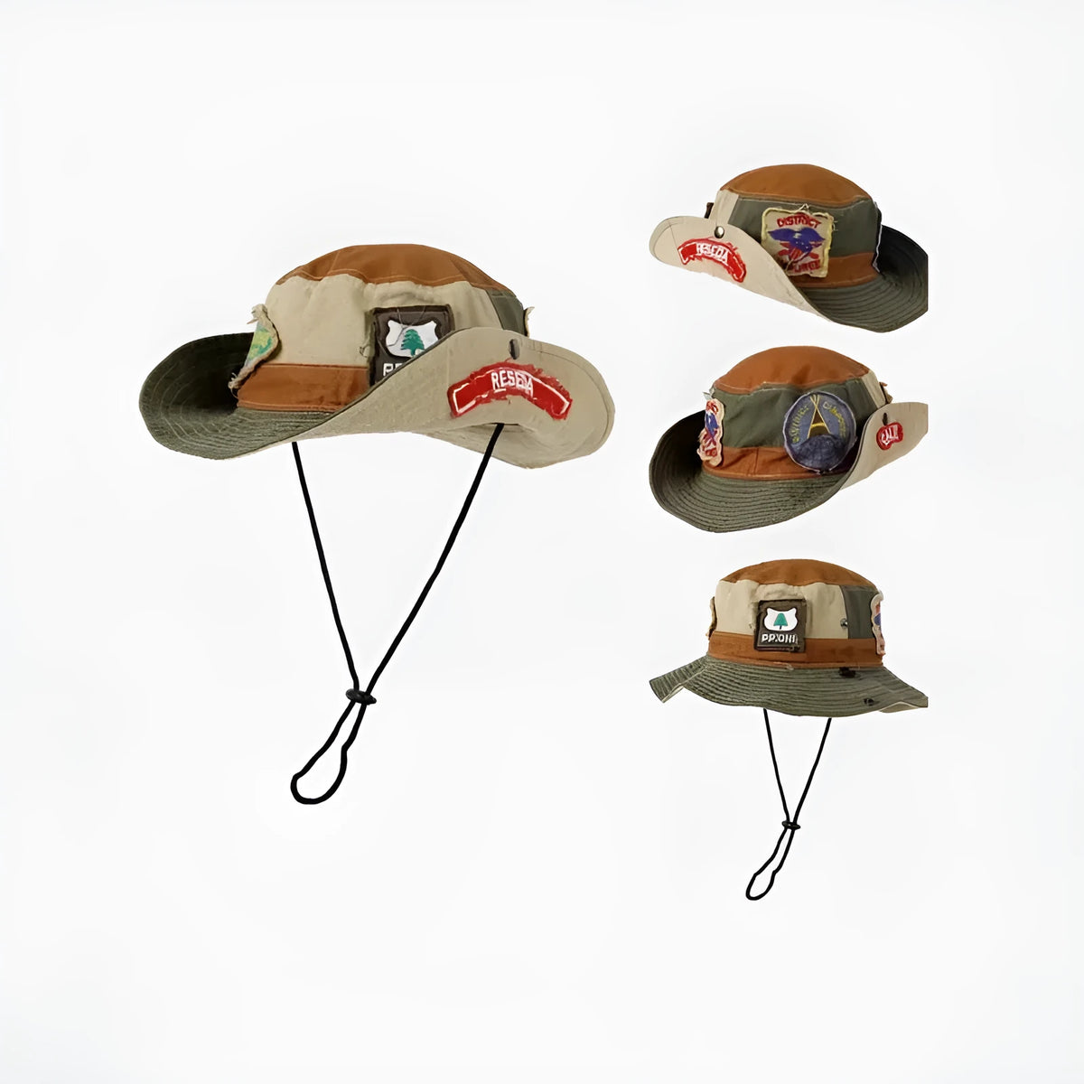 Women's army green cotton fisherman hat with hand-painted patchwork design and flat top crown