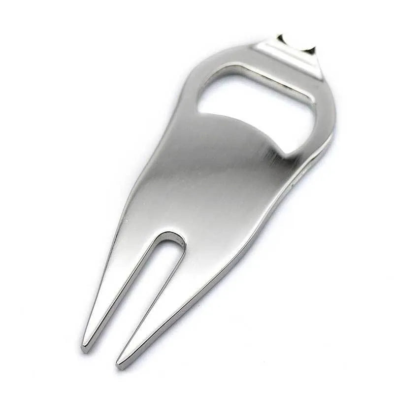 Golf ball fork bottle opener tool in zinc alloy with green turf application