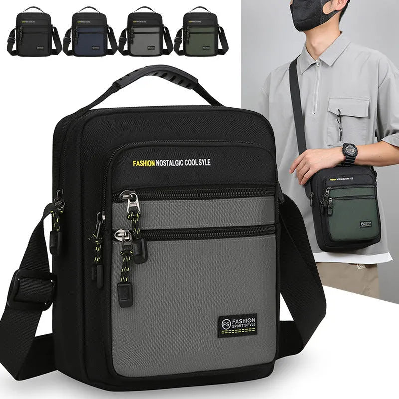 Men's crossbody bag in waterproof nylon with urban style and sewing thread details