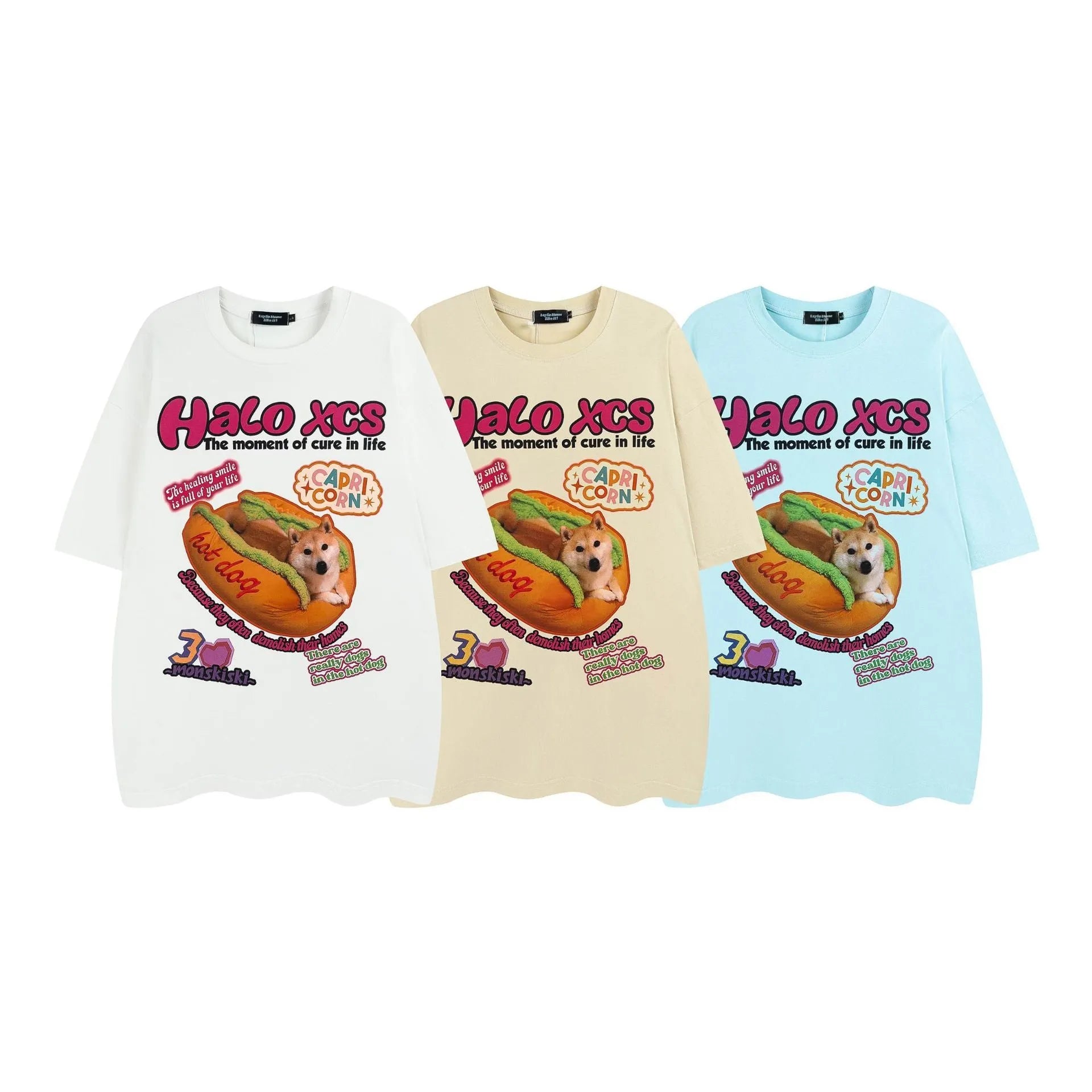Cartoon hamburger dog printed cotton t-shirt in loose fit available in white, apricot, and sky blue colours