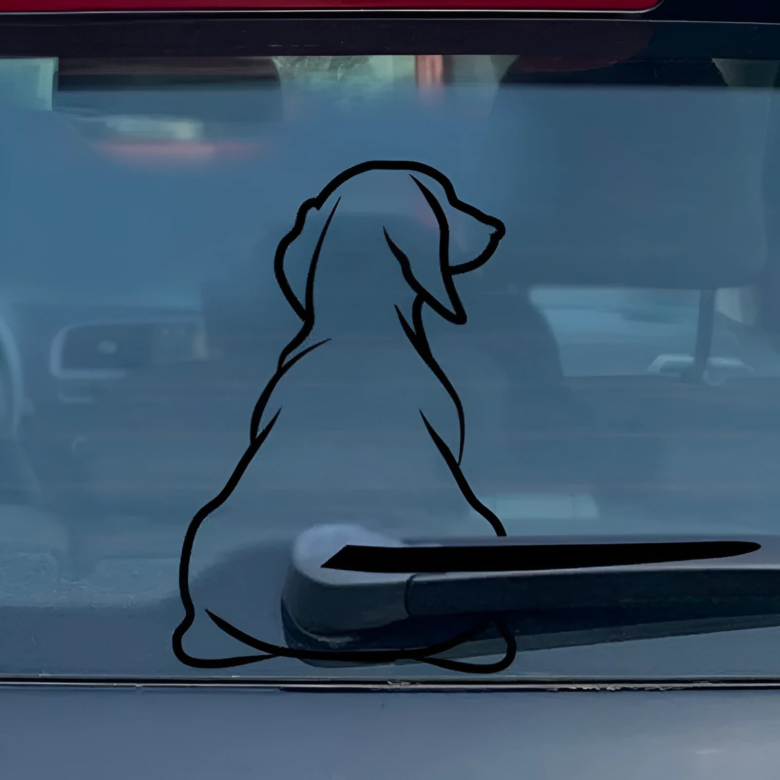 Black and white cartoon dog rear windscreen wiper vinyl sticker set for cars showing dimensions
