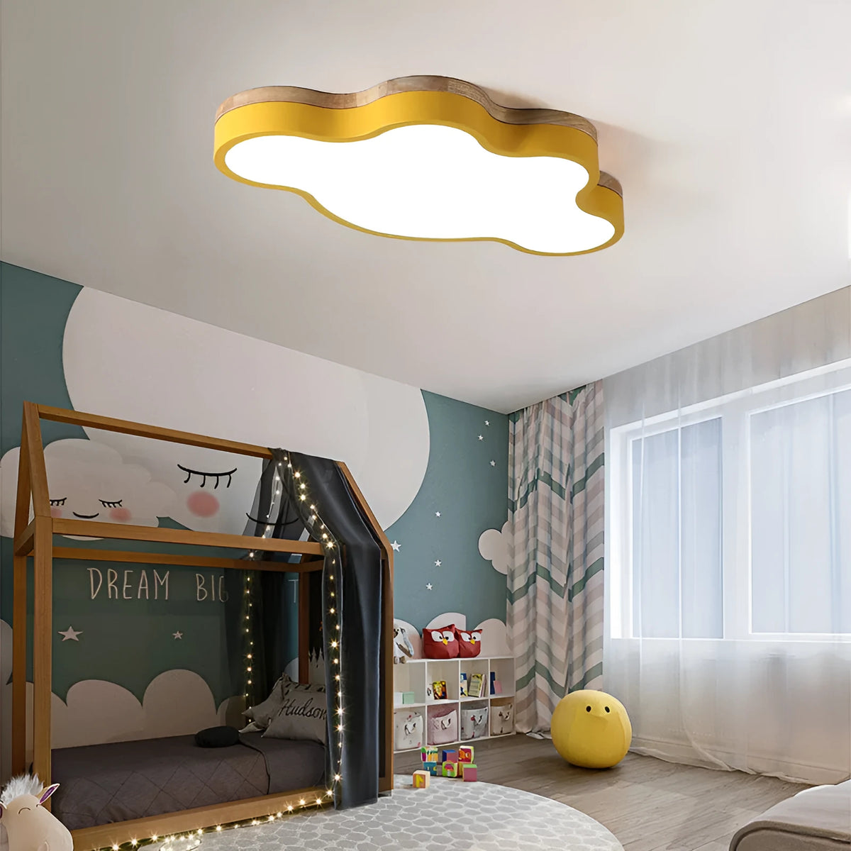 Modern minimalist cloud-shaped LED ceiling lamp in wooden pink, blue, green or yellow.