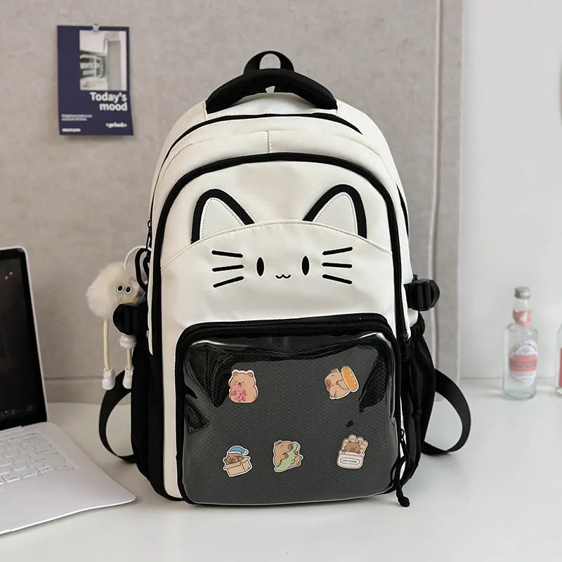 Korean cartoon anime style large capacity nylon backpack in various colours with curved shoulder straps.