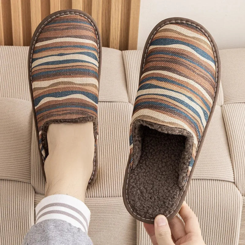 Cotton household slippers with linen surface, PVC sole, available in six colour patterns including floral designs