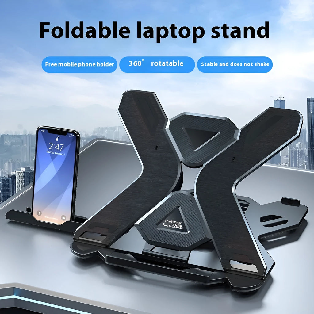 Black ABS plastic laptop stand with a cable management groove, elevating a laptop.