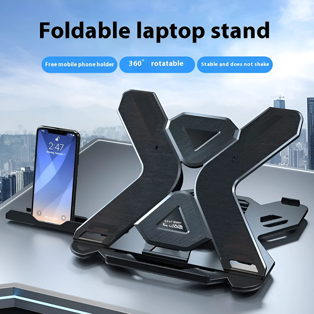 Black ABS plastic laptop stand with a cable management groove, elevating a laptop.