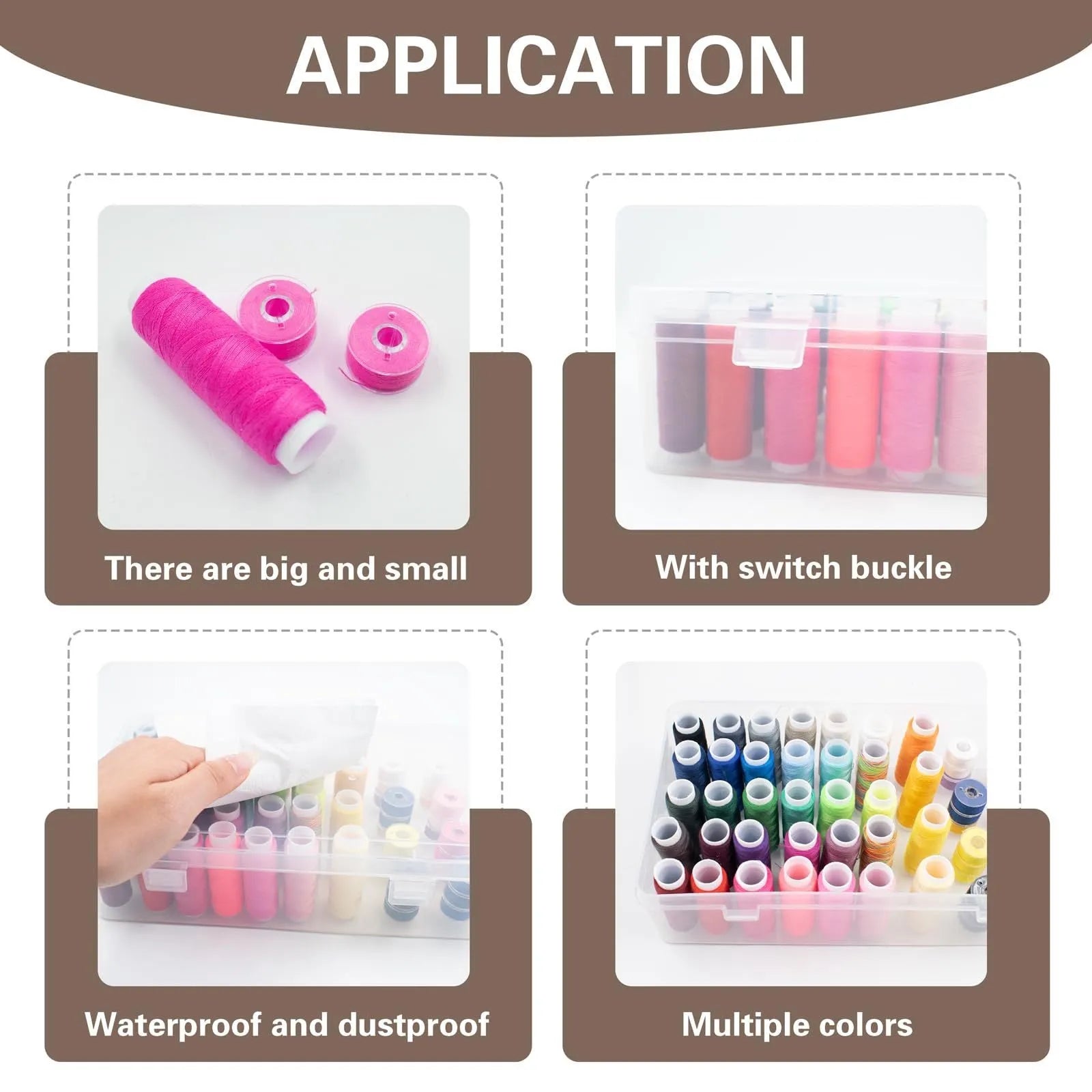 Plastic sewing kit storage box with 42 compartments shown in transparent, pink, and blue colour options.
