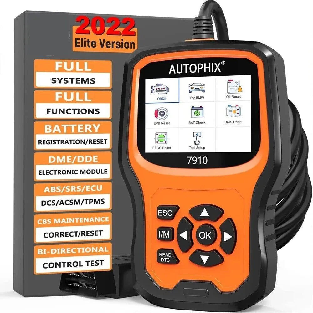 Autophix 7910 BMW diagnostic scanner OBD2 fault code reader with display showing vehicle system diagnostics