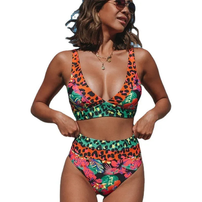 Women's high waist floral print bikini swimwear set on a mannequin.
