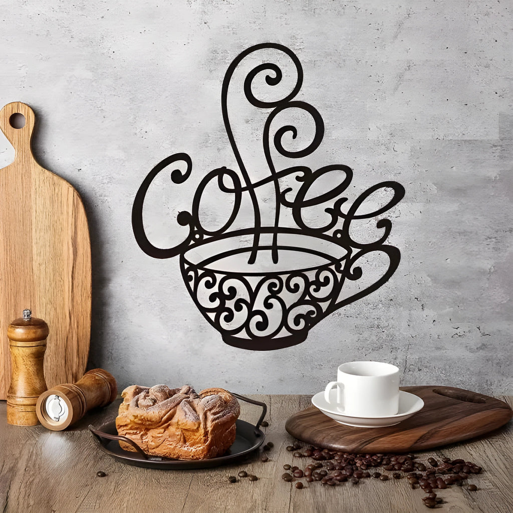 Black wrought iron wall art featuring an English letters silhouette, modern simple style.