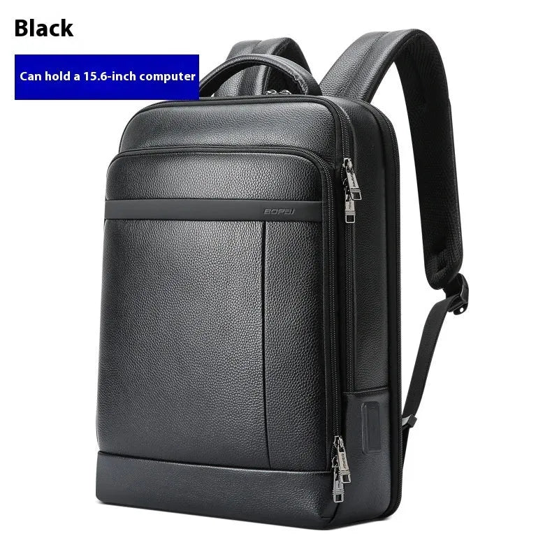 Black cowhide leather business backpack with USB interface and curved shoulder straps