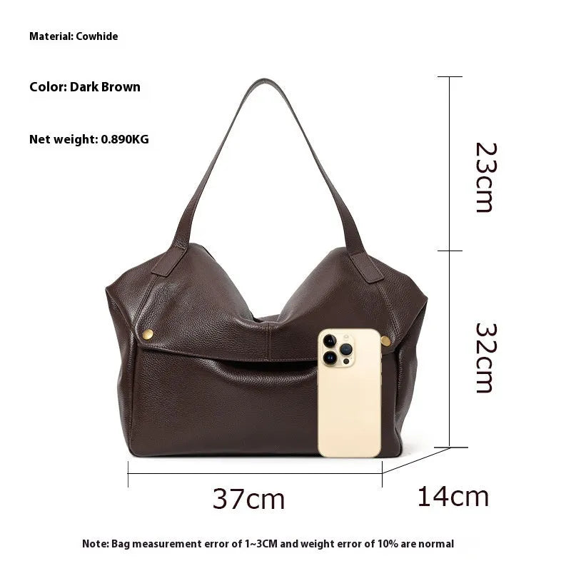 Brown genuine leather women's shoulder bag with horizontal square shape and internal zipper compartment