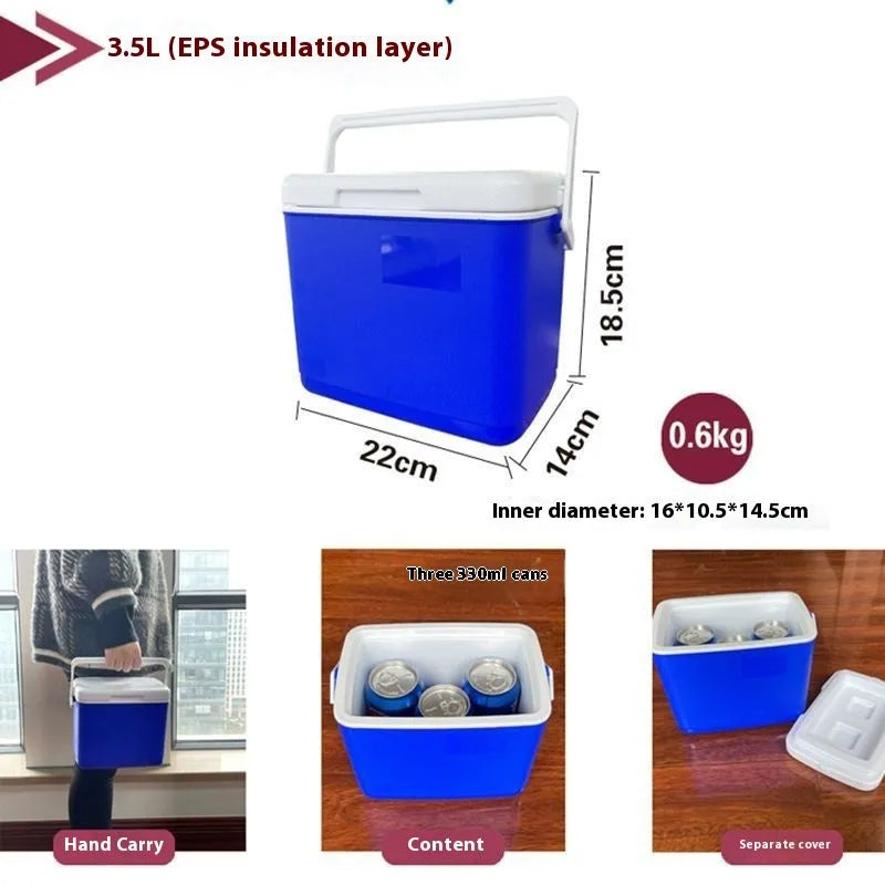 Blue portable insulated cooler box with aluminum foil finish available in multiple liter capacities for car and outdoor use