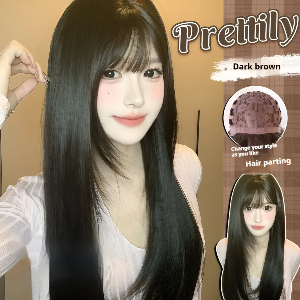Dark brown full-head wig with long straight hair and bangs on display stand