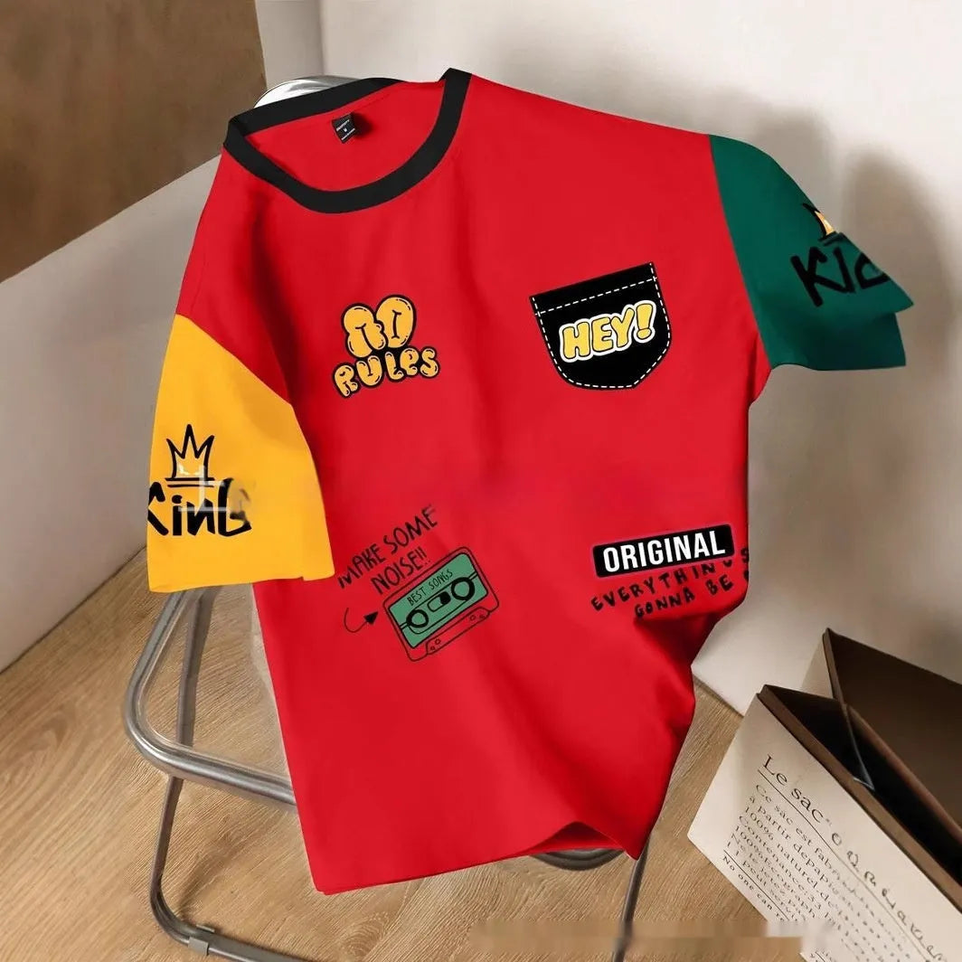 Men's loose fit casual T-shirt with digital printed letter pattern, short sleeves