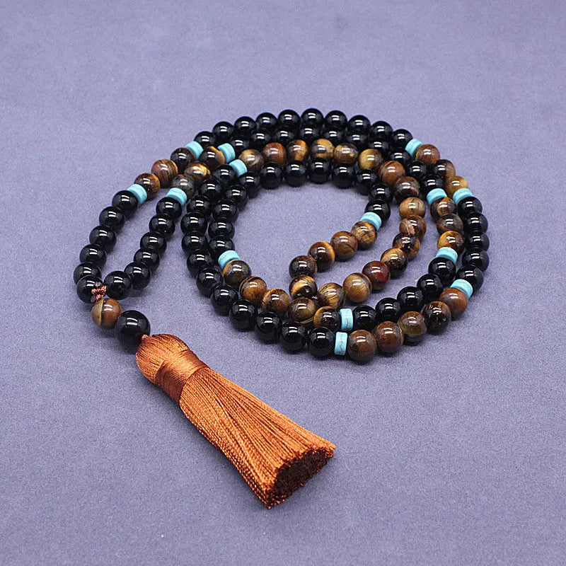 Natural agate tiger eye stone jewellery set with black bracelet and geometric necklace