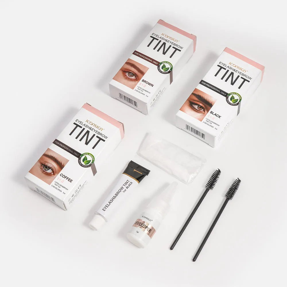 ICONSIGN eyelash and eyebrow tint kit with 5ml tint, 5ml developer, two brushes and gloves in black, coffee and brown
