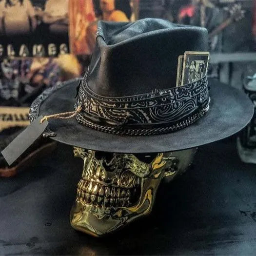 Handmade wool felt skull hat with conical crown design in denim-style finish