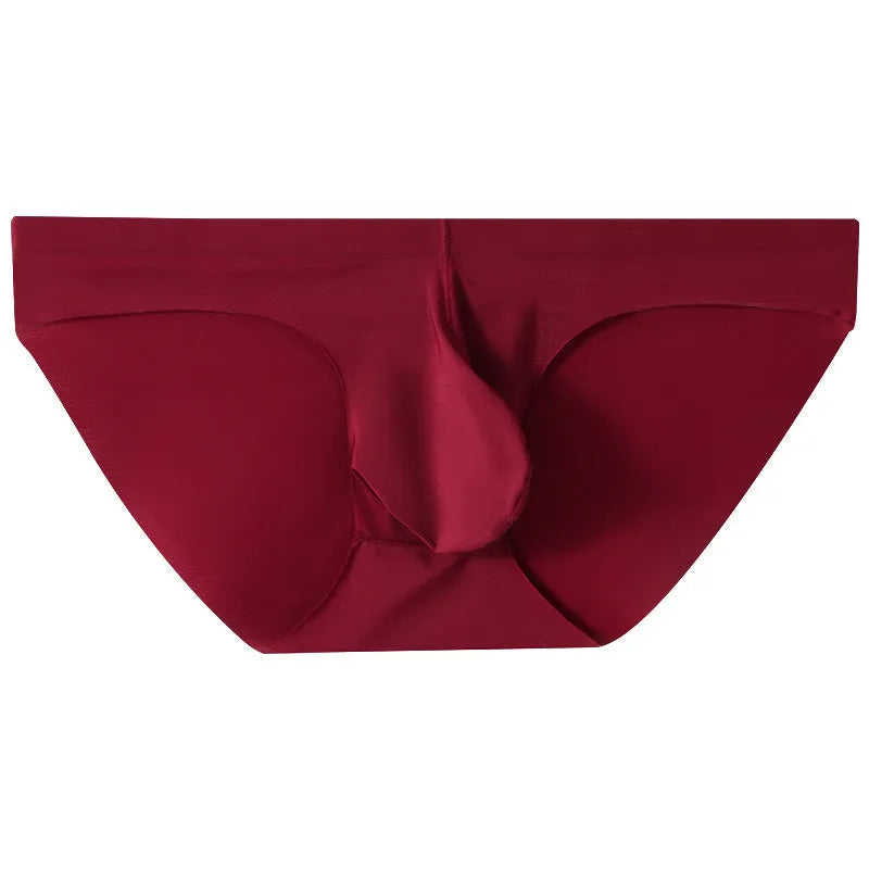 Men's black ice silk seamless briefs with bullet separation pouch on a mid-waist fit.