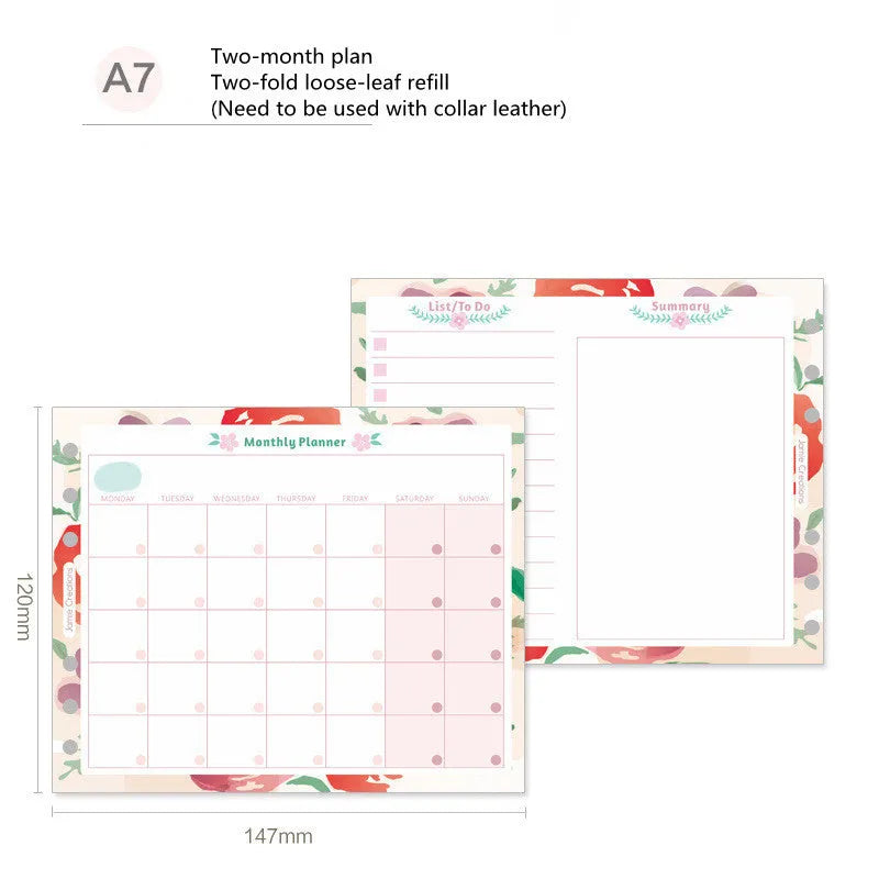 Handbook loose-leaf refill showing A7 floral monthly plan and A5/A6 tri-fold scheduler designs for organisers