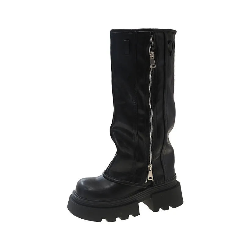 Platform muffin pants Martin boots with square heel in black, brown, and wine red colours