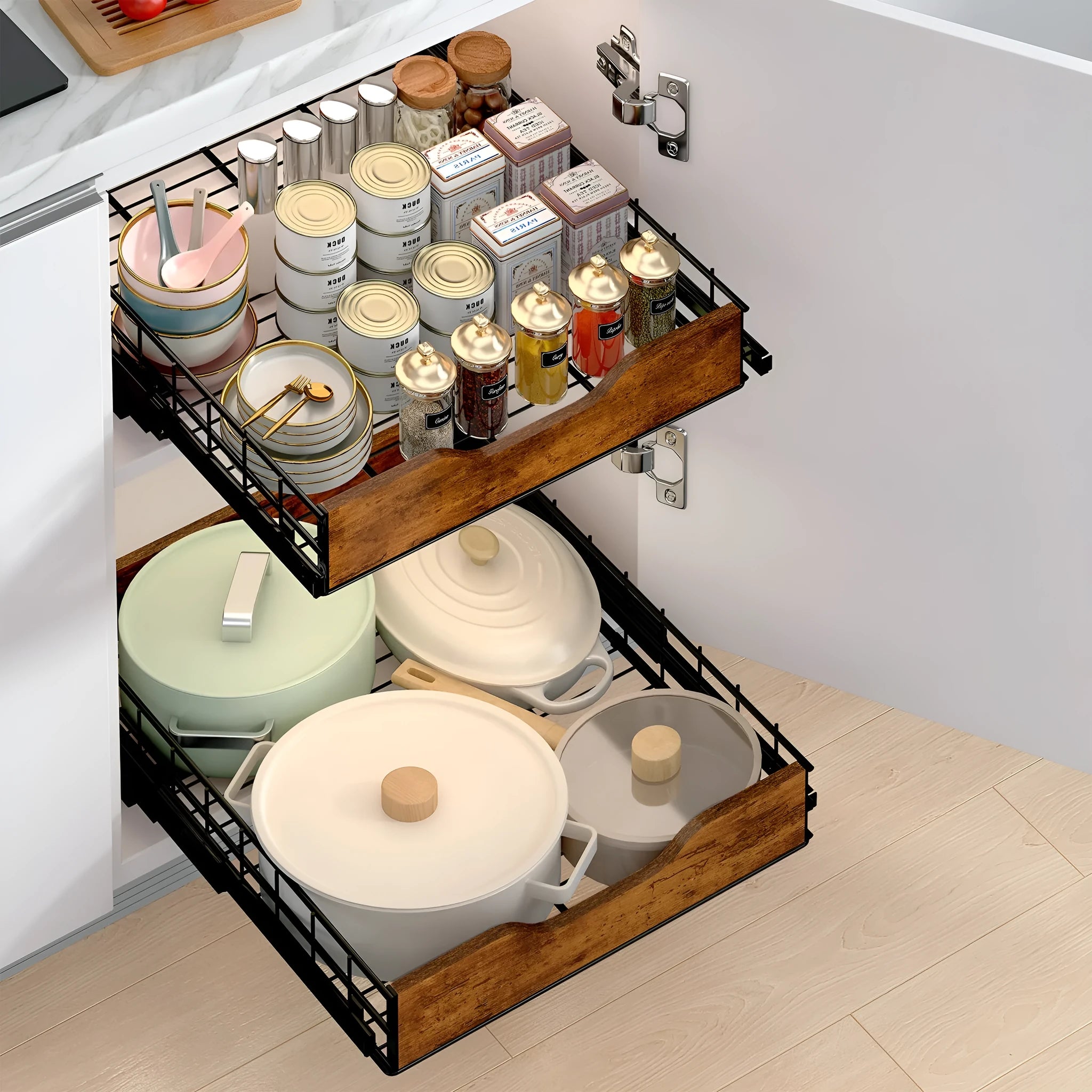 Black household storage rack with a wood and iron frame and a pull-out basket drawer.