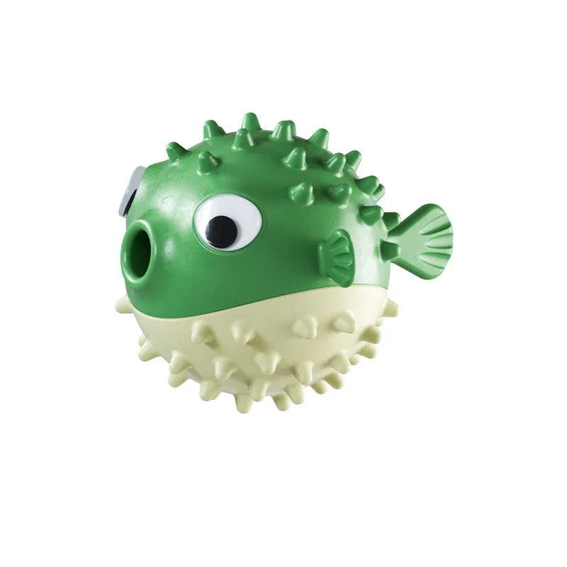 Fish-shaped TPR dog toy with treat dispenser in green, red, or yellow colours