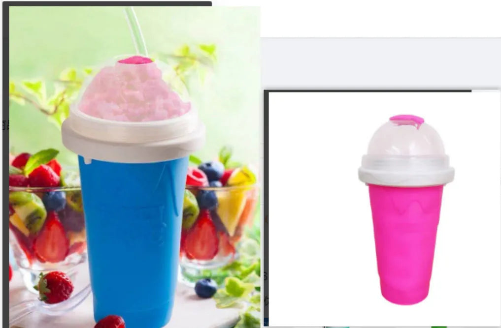 Blue double wall silicone cold shake cup with cylindrical shape and pinch activation for instant beverage cooling