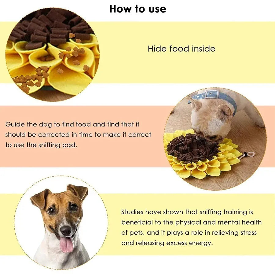 Yellow sunflower snuffle mat for dog feeding and nosework training games