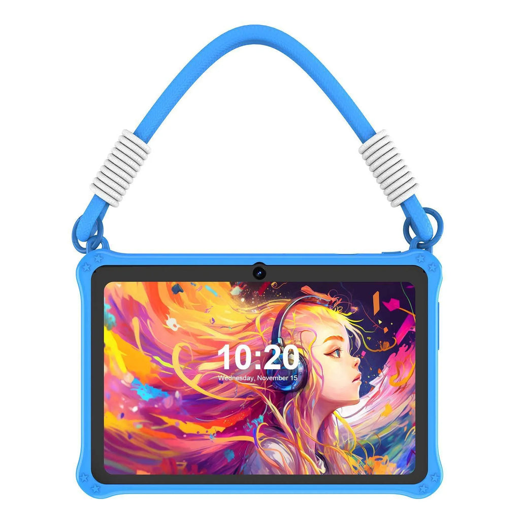 Sapphire blue silicone protective case for a 7-inch children's tablet, showing the integrated flat strap.