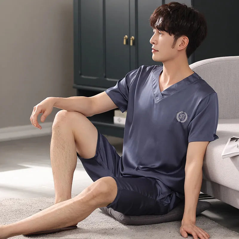 Men's loose-fitting ice silk pyjama set with short-sleeved shirt and shorts in various colours
