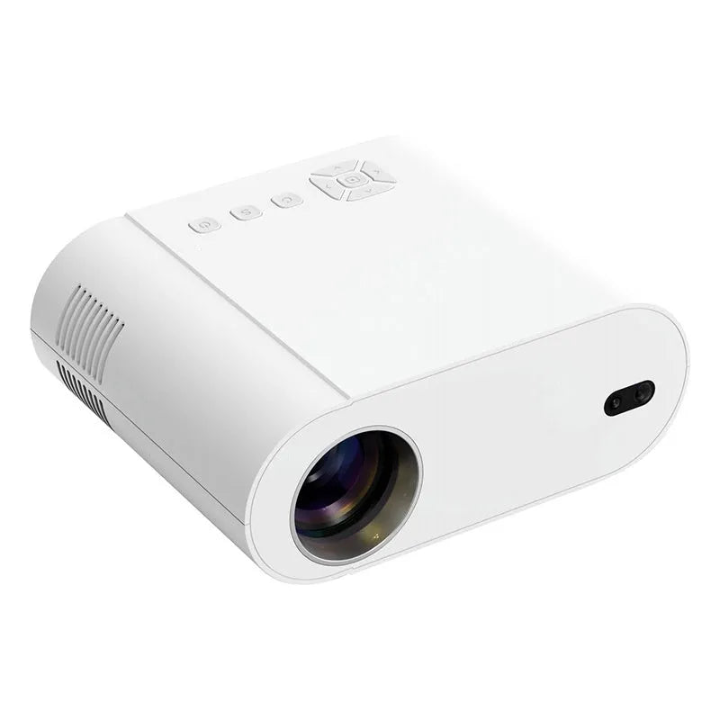 White T07 Full HD smart projector with remote control on a wooden table.