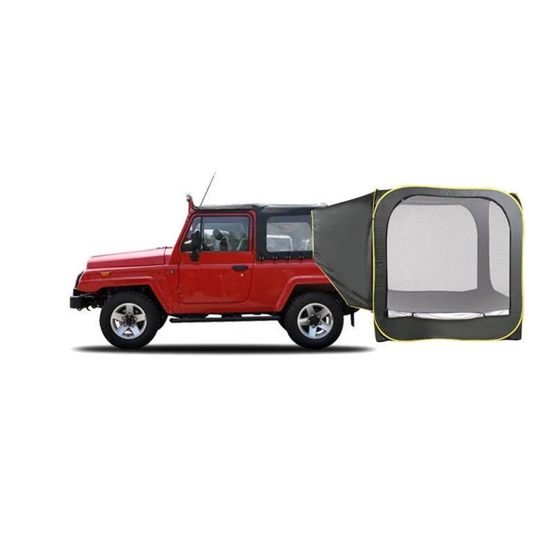 Black pop-up car tail tent with quick-throw setup shown connected to vehicle