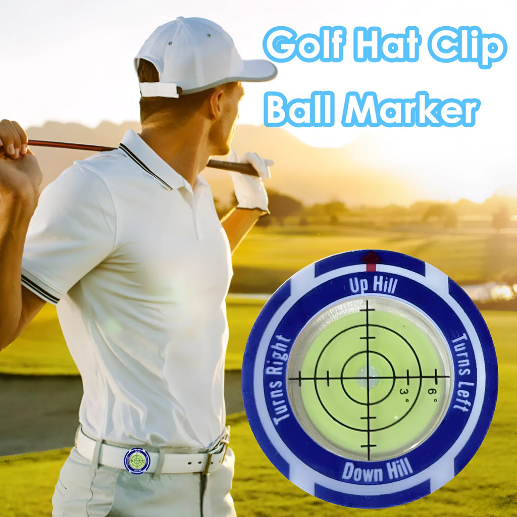 Golf level tool with clip for hat attachment showing position mark indicator