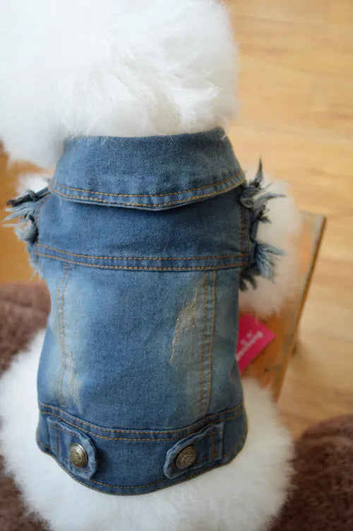 Denim dog vest with retro scratch pattern for small breeds in dark and light colour options