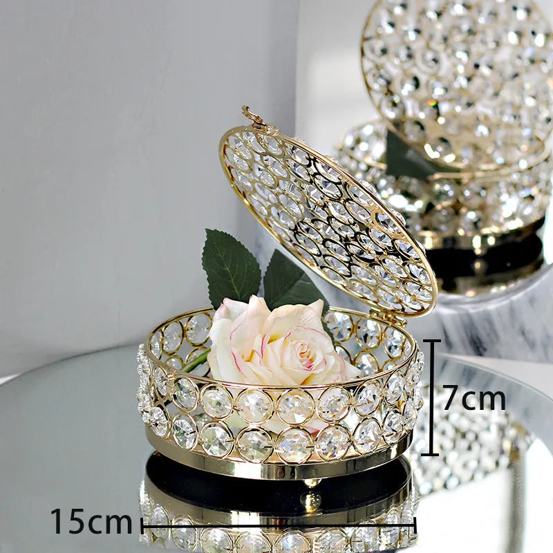 French gold metal jewelry box with crystal glass panels in European style design