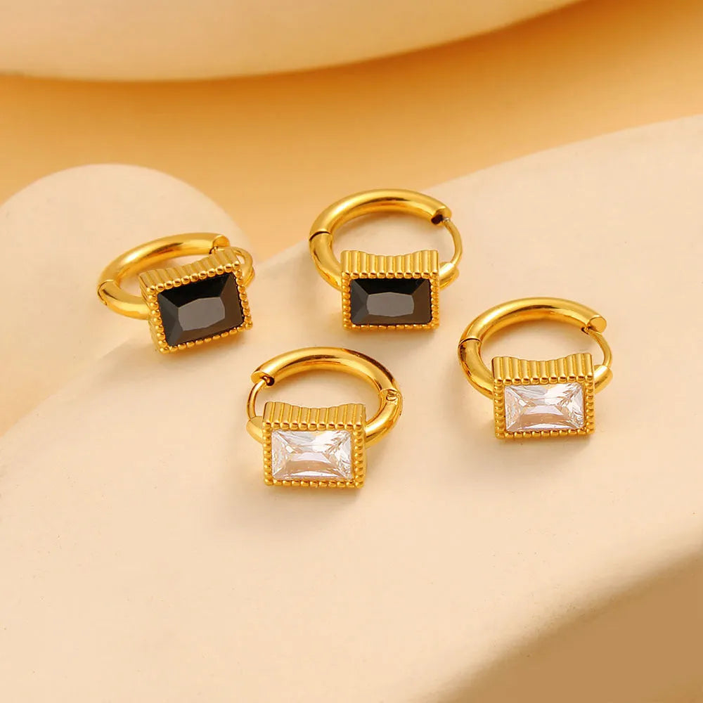 Square geometric stainless steel earrings with zircon detail in black, green, and white options