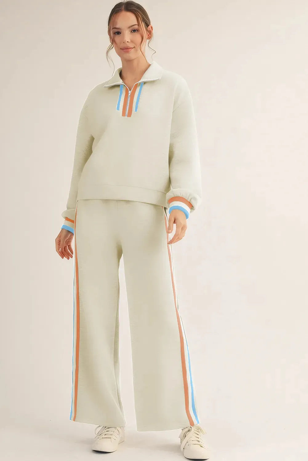 Apricot striped patchwork quarter zip pullover and loose pant set for women, sizes S to XL
