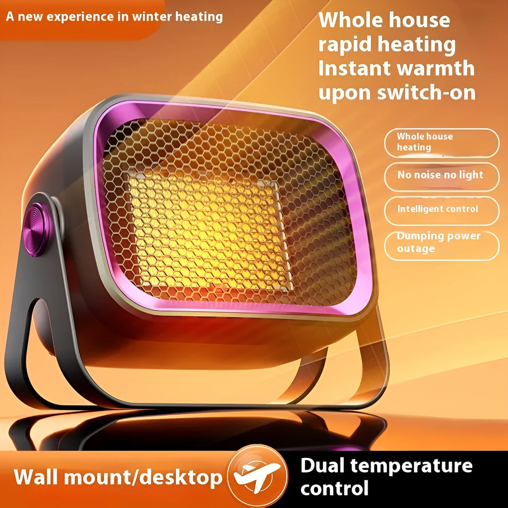 A compact grey desktop electric heater with a rotatable design on a wooden desk.