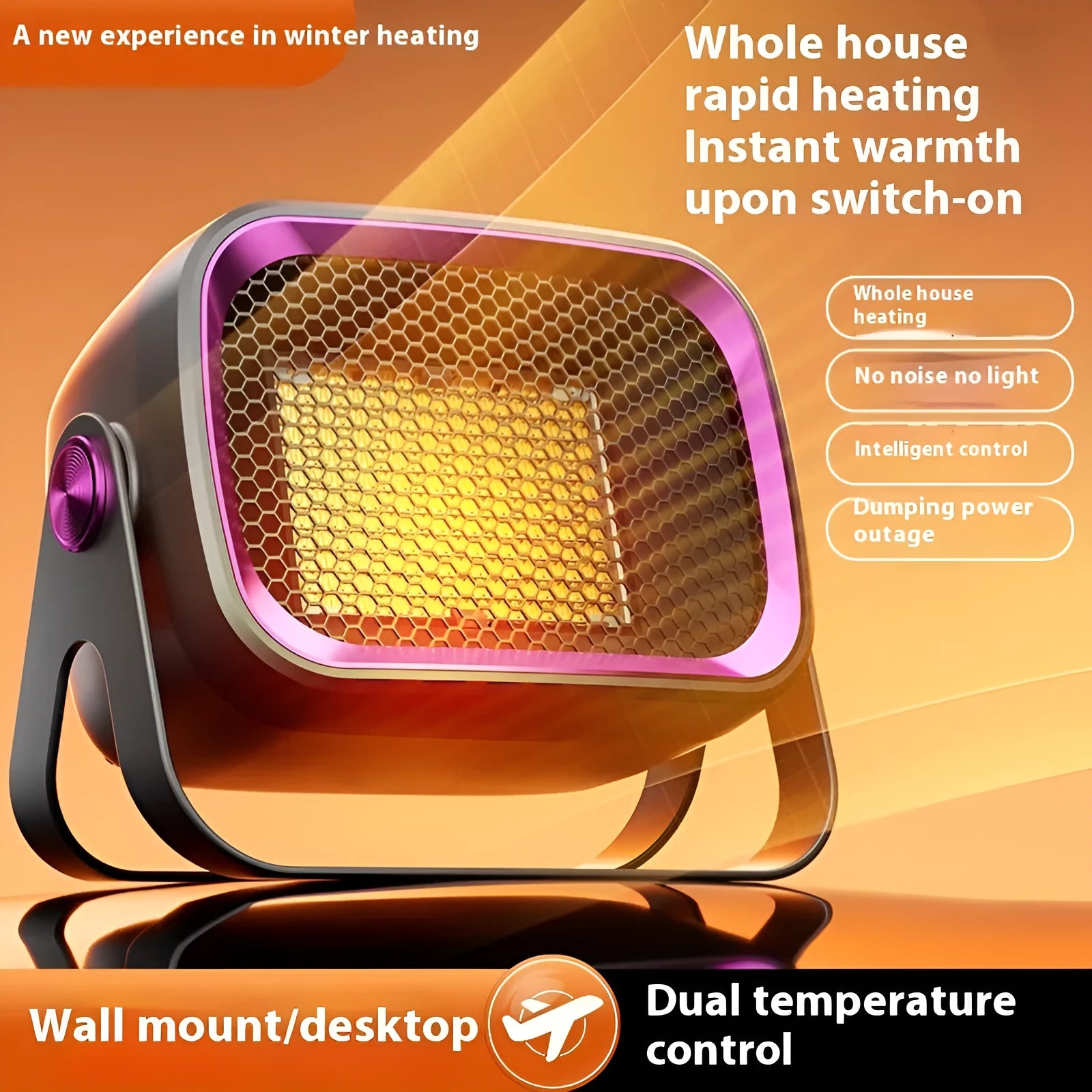 A compact grey desktop electric heater with a rotatable design on a wooden desk.