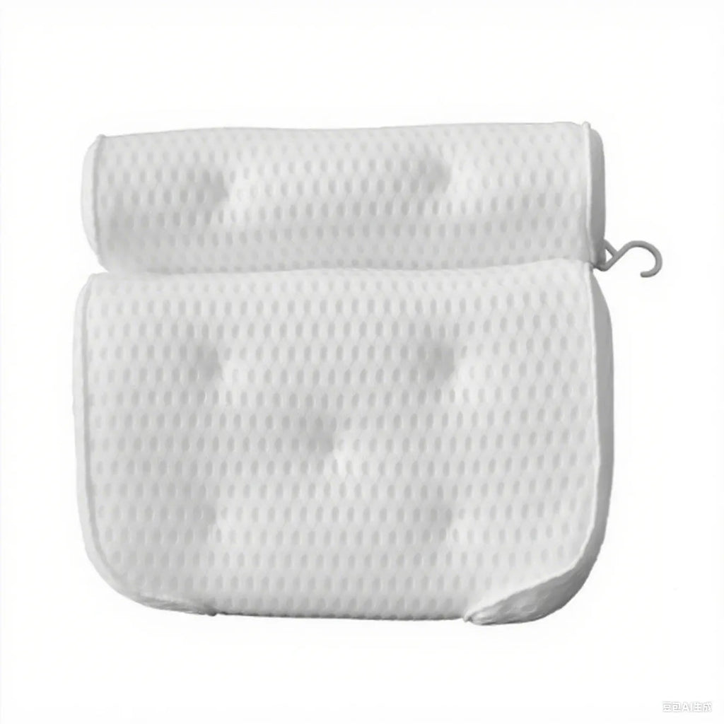 White bathtub pillow with 3D mesh material and suction cups for bathroom use