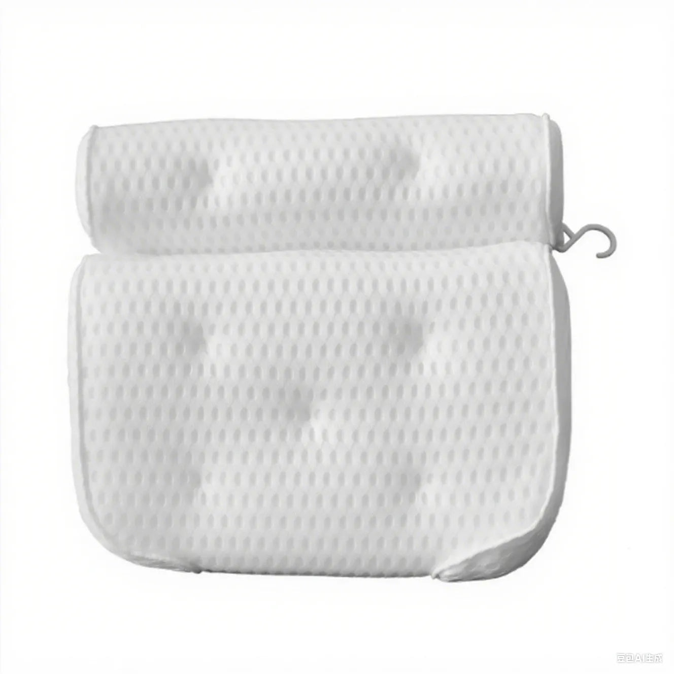 White bathtub pillow with 3D mesh material and suction cups for bathroom use