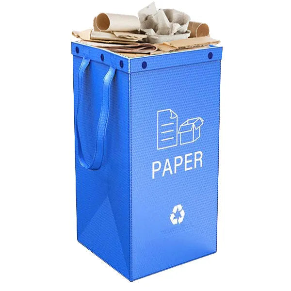 Blue waterproof handbag-style rubbish bin with 40L capacity and clean design